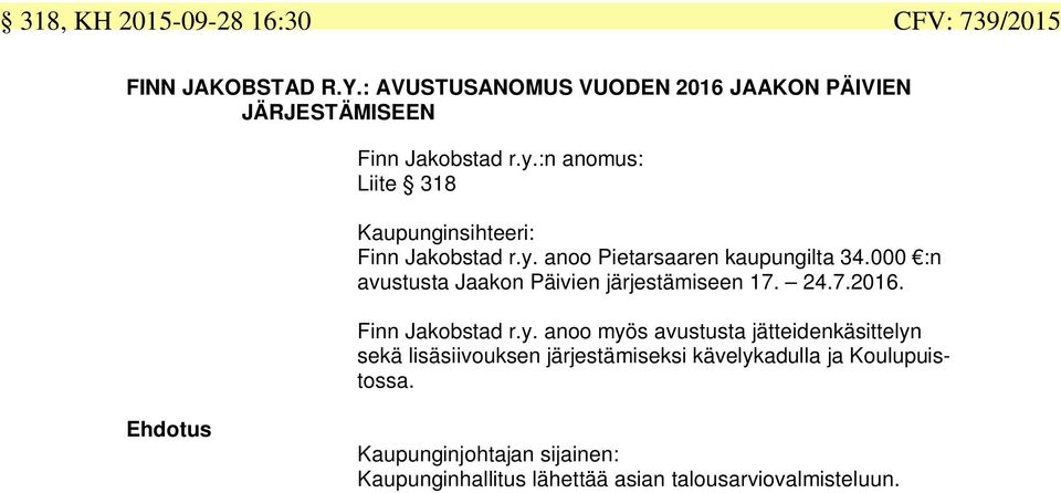 :n anomus: Liite 318 Kaupunginsihteeri: Finn Jakobstad r.y. anoo Pietarsaaren kaupungilta 34.