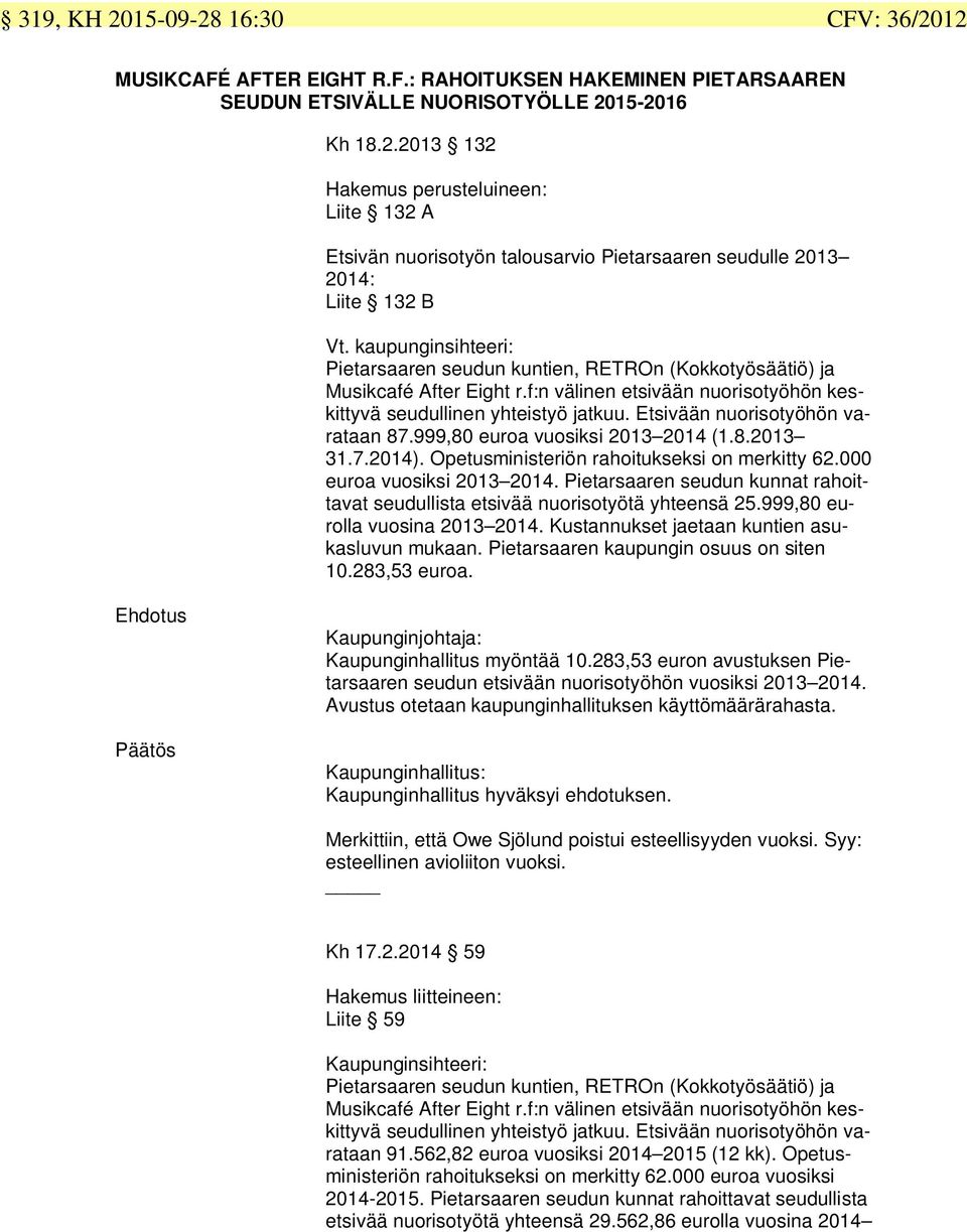 Etsivään nuorisotyöhön varataan 87.999,80 euroa vuosiksi 2013 2014 (1.8.2013 31.7.2014). Opetusministeriön rahoitukseksi on merkitty 62.000 euroa vuosiksi 2013 2014.