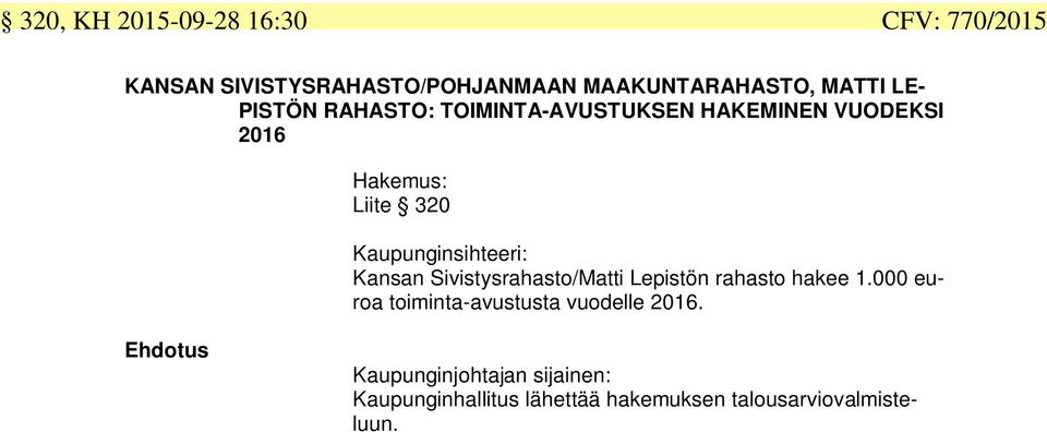 Kaupunginsihteeri: Kansan Sivistysrahasto/Matti Lepistön rahasto hakee 1.
