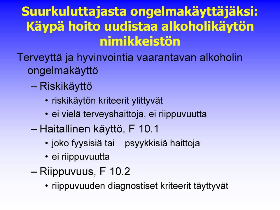 kriteerit ylittyvät ei vielä terveyshaittoja, ei riippuvuutta Haitallinen käyttö, F 10.