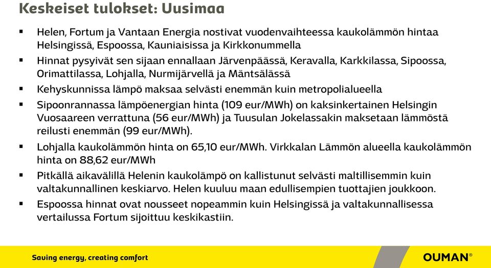 hinta (109 eur/mwh) on kaksinkertainen Helsingin Vuosaareen verrattuna (56 eur/mwh) ja Tuusulan Jokelassakin maksetaan lämmöstä reilusti enemmän (99 eur/mwh).