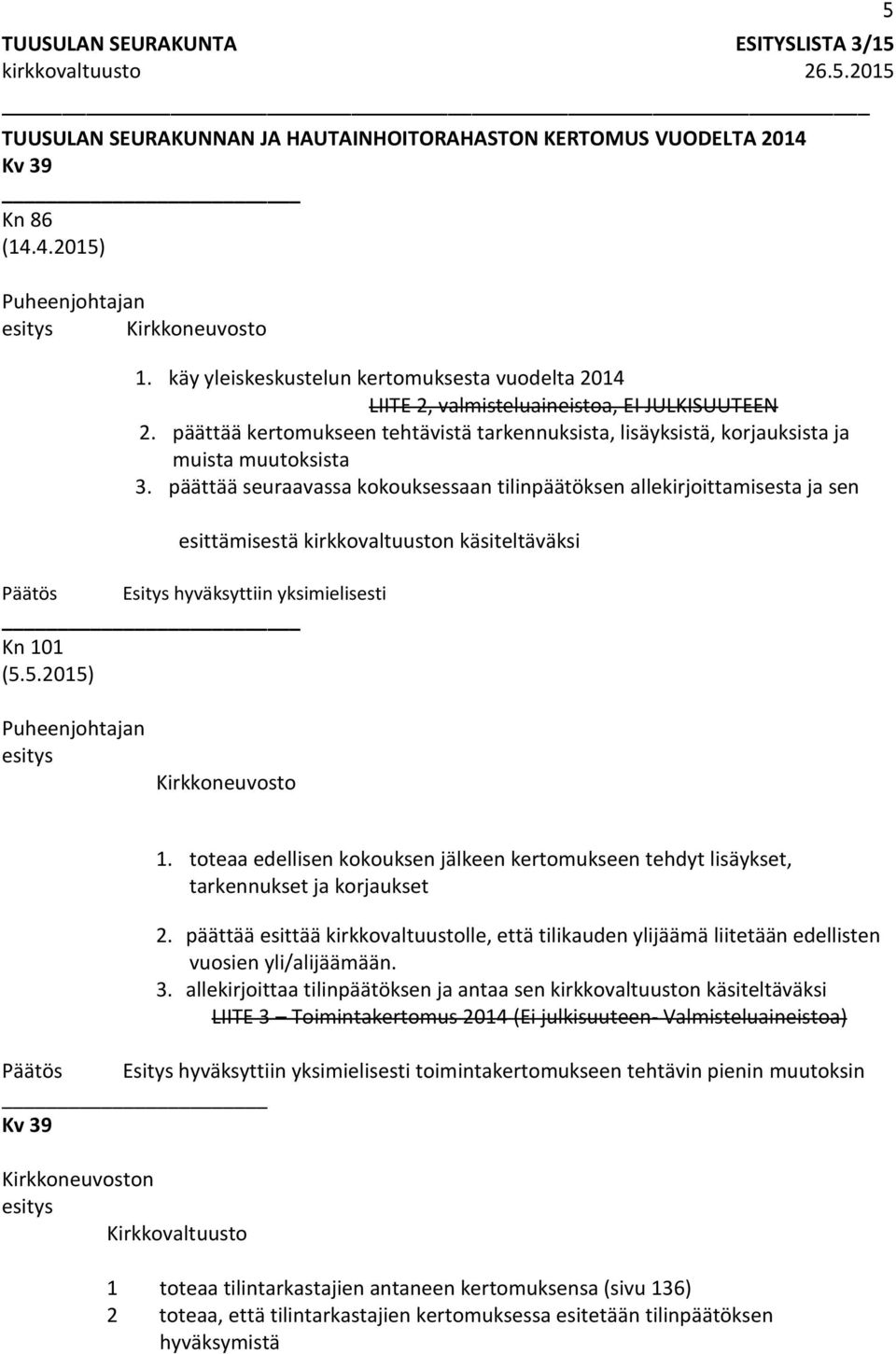 päättää seuraavassa kokouksessaan tilinpäätöksen allekirjoittamisesta ja sen esittämisestä kirkkovaltuuston käsiteltäväksi Päätös Esitys hyväksyttiin yksimielisesti Kn 101 (5.