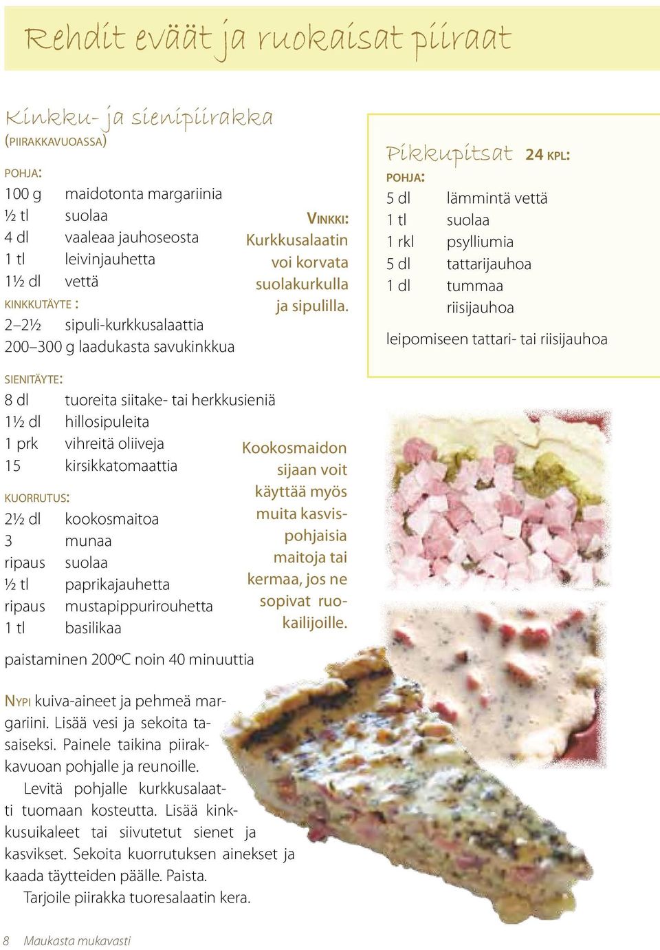 Pikkupitsat 24 kpl: pohja: 5 dl lämmintä vettä 1 tl suolaa 1 rkl psylliumia 5 dl tattarijauhoa 1 dl tummaa riisijauhoa leipomiseen tattari- tai riisijauhoa sienitäyte: 8 dl tuoreita siitake- tai