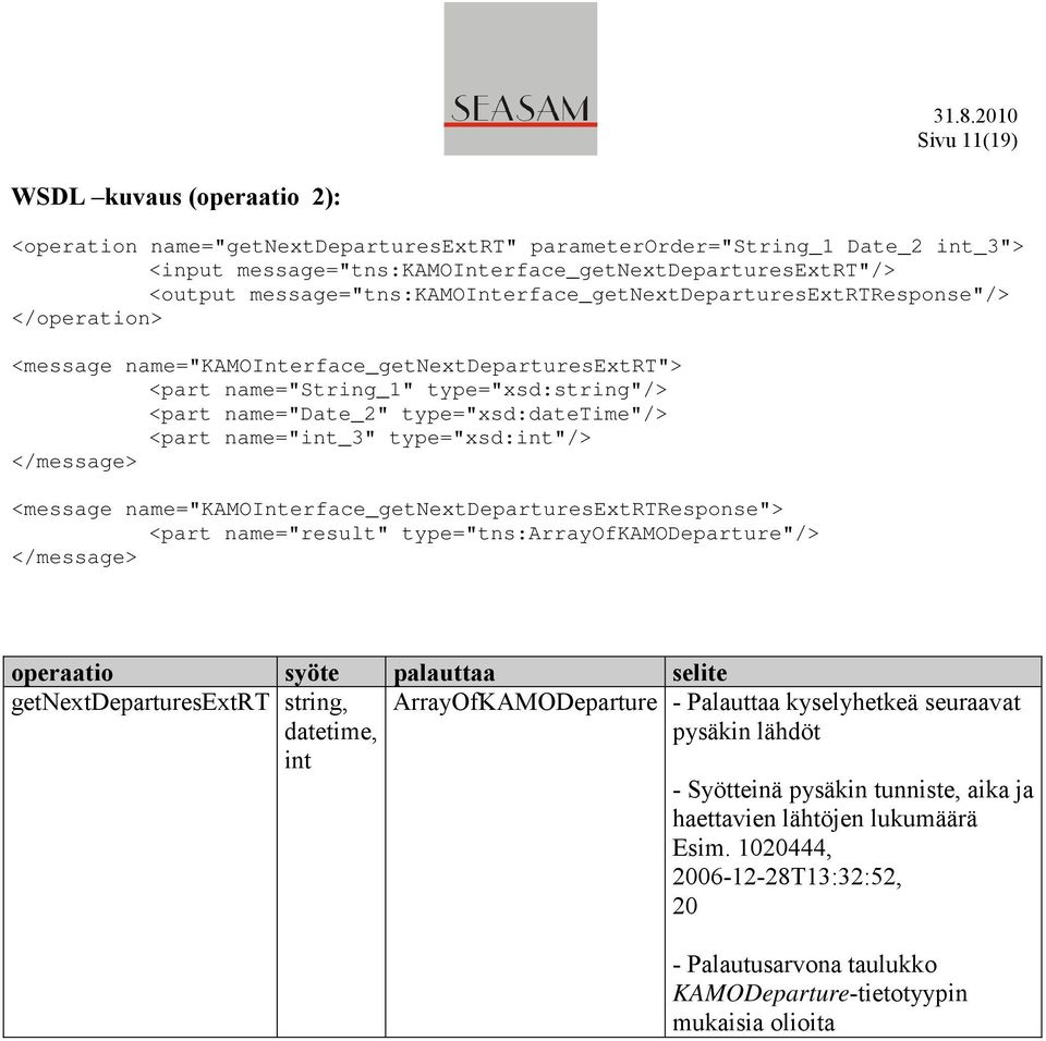 <part name="int_3" type="xsd:int"/> <message name="kamointerface_getnextdeparturesextrtresponse"> <part name="result" type="tns:arrayofkamodeparture"/> operaatio syöte palauttaa selite