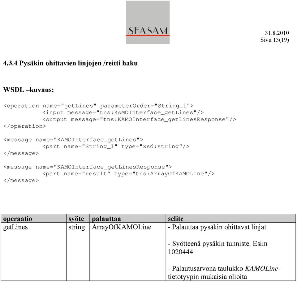 4 Pysäkin ohittavien linjojen /reitti haku WSDL kuvaus: <operation name="getlines" parameterorder="string_1"> <input