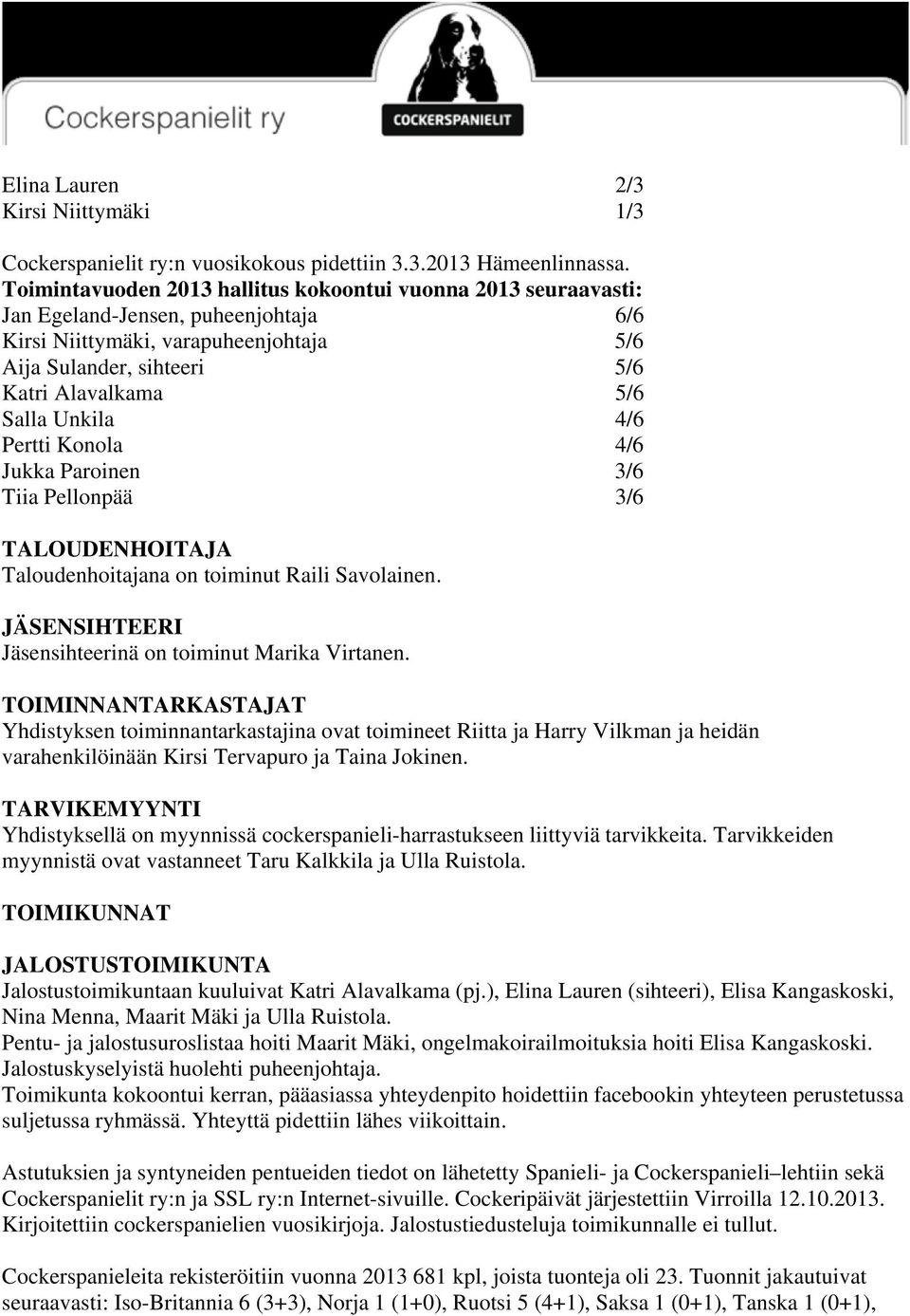 Unkila 4/6 Pertti Konola 4/6 Jukka Paroinen 3/6 Tiia Pellonpää 3/6 TALOUDENHOITAJA Taloudenhoitajana on toiminut Raili Savolainen. JÄSENSIHTEERI Jäsensihteerinä on toiminut Marika Virtanen.