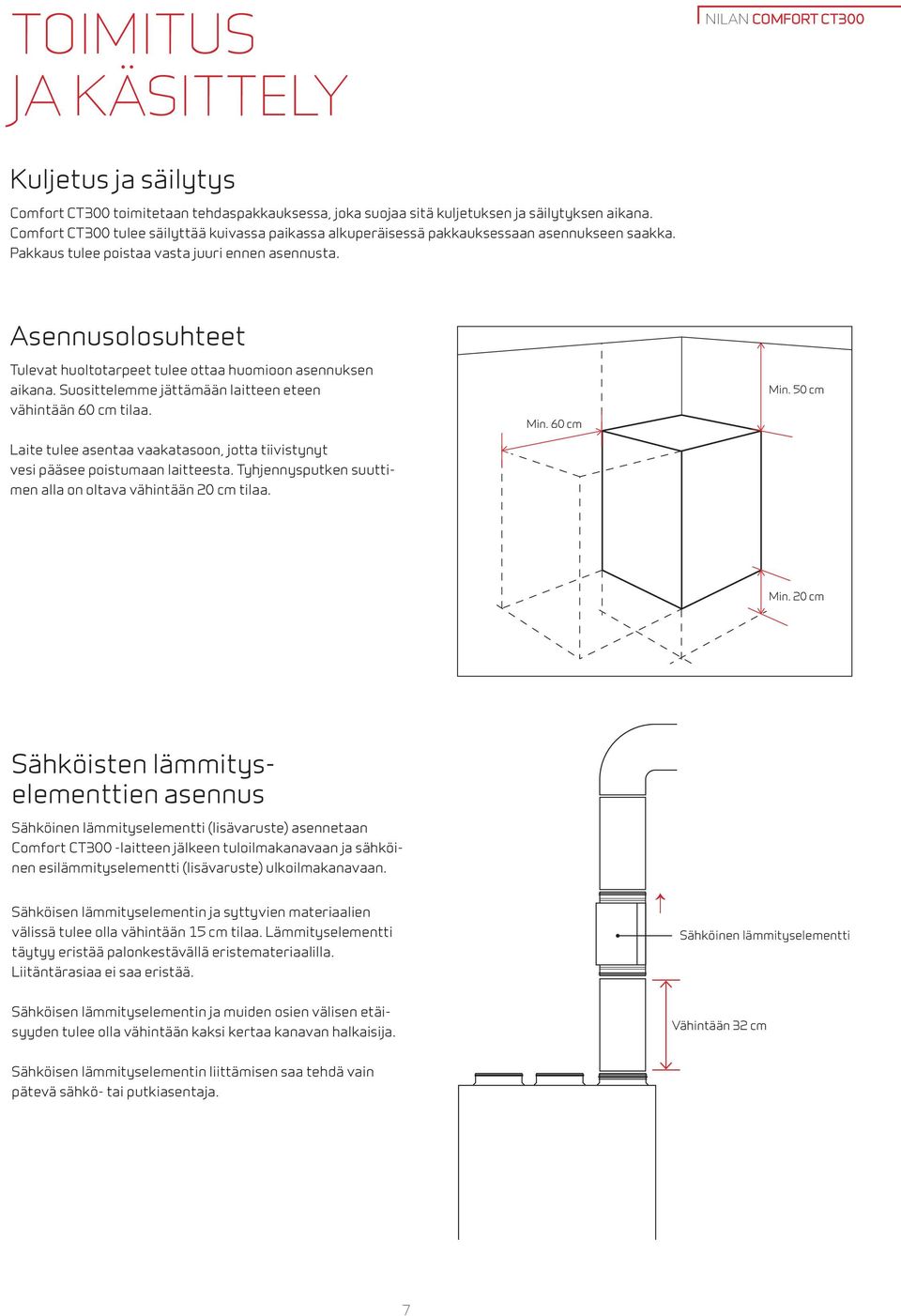 Asennusolosuhteet Tulevat huoltotarpeet tulee ottaa huomioon asennuksen aikana. Suosittelemme jättämään laitteen eteen vähintään 60 cm tilaa.