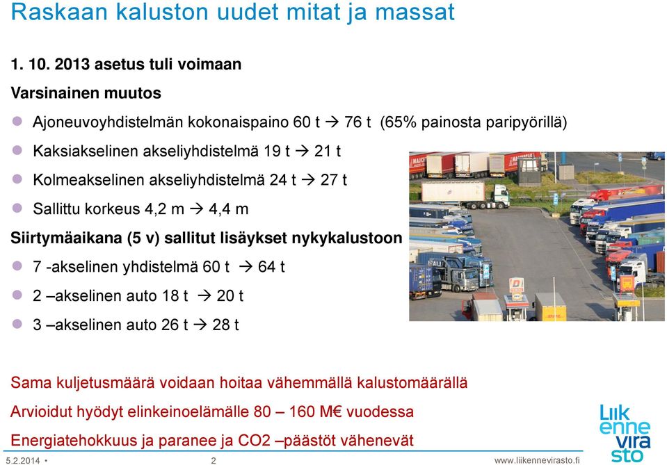 21 t Kolmeakselinen akseliyhdistelmä 24 t 27 t Sallittu korkeus 4,2 m 4,4 m Siirtymäaikana (5 v) sallitut lisäykset nykykalustoon 7 -akselinen yhdistelmä