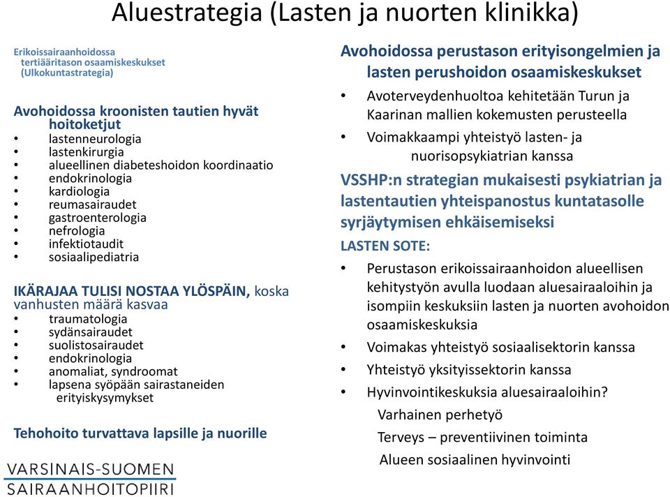 kasvaa traumatologia sydänsairaudet suolistosairaudet endokrinologia anomaliat, syndroomat lapsena syöpään sairastaneiden erityiskysymykset Tehohoito turvattava lapsille ja nuorille Avohoidossa