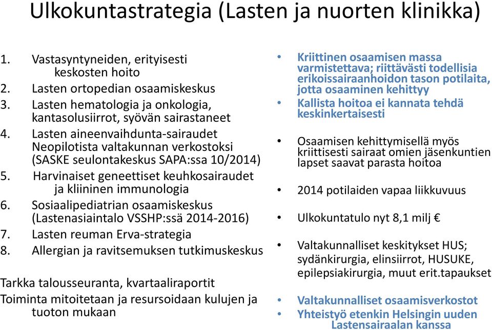 Harvinaiset geneettiset keuhkosairaudet ja kliininen immunologia 6. Sosiaalipediatrian osaamiskeskus (Lastenasiaintalo VSSHP:ssä 2014-2016) 7. Lasten reuman Erva-strategia 8.