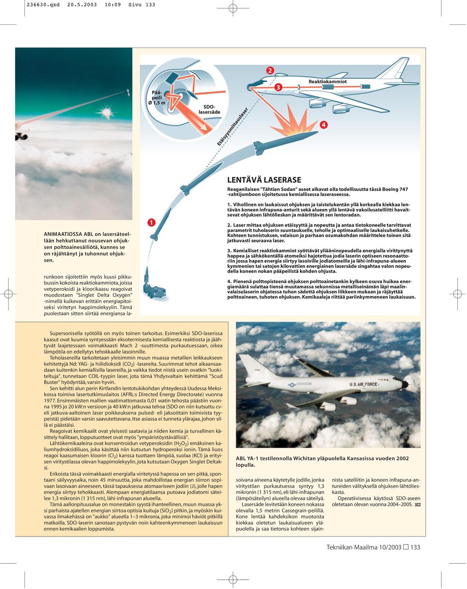 tuhonnut ohjuksen. LENTÄVÄ LASERASE Reaganilaisen "Tähtien Sodan" aseet alkavat olla todellisuutta tässä Boeing 747 -rahtijumboon sijoitetussa kemiallisessa laseraseessa.