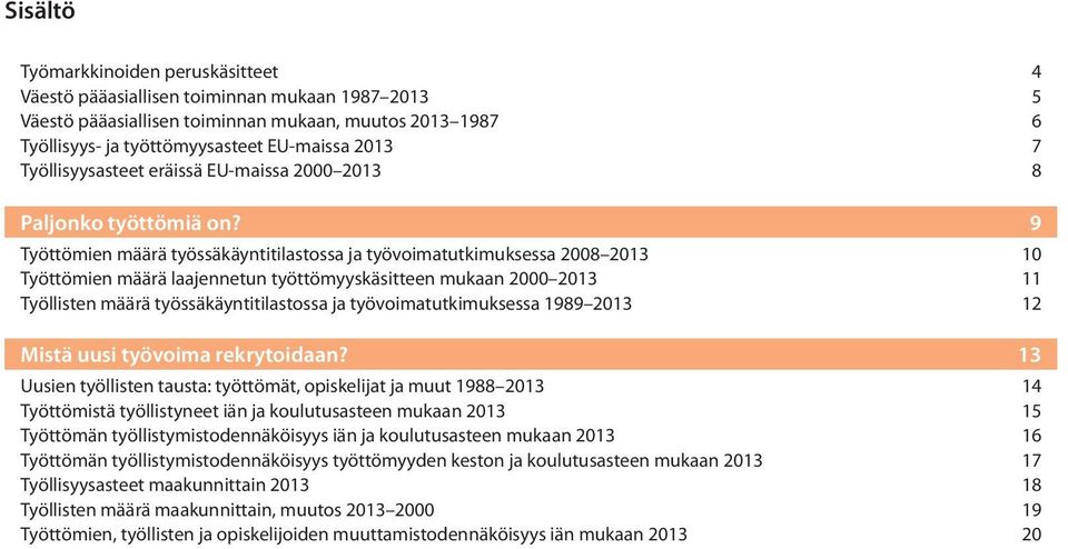 9 Työttömien määrä työssäkäyntitilastossa ja työvoimatutkimuksessa 2008 2013 10 Työttömien määrä laajennetun työttömyyskäsitteen mukaan 2000 2013 11 Työllisten määrä työssäkäyntitilastossa ja