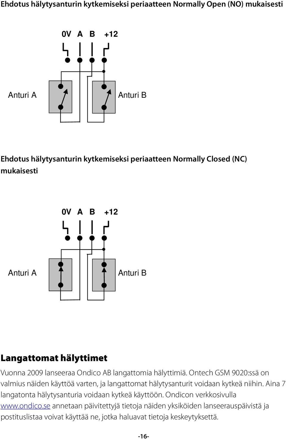Ontech GSM 9020:ssä on valmius näiden käyttöä varten, ja langattomat hälytysanturit voidaan kytkeä niihin.