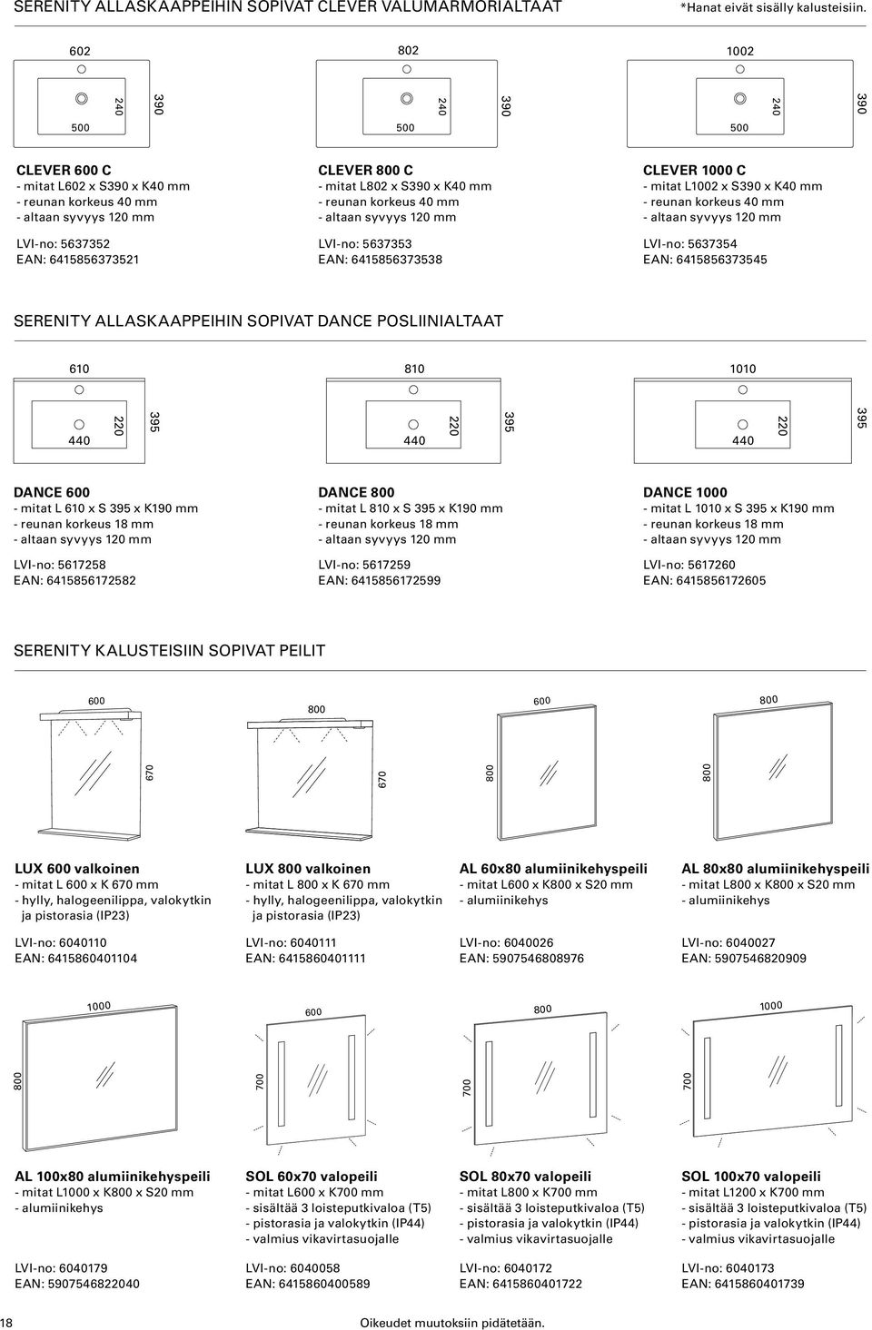 EAN: 6415856373538 CLEVER 1000 C - mitat L1002 x S390 x K40 mm - reunan korkeus 40 mm LVI-no: 5637354 EAN: 6415856373545 SERENITY ALLASKAAPPEIHIN SOPIVAT DANCE POSLIINIALTAAT 610 810 1010 220 395 440