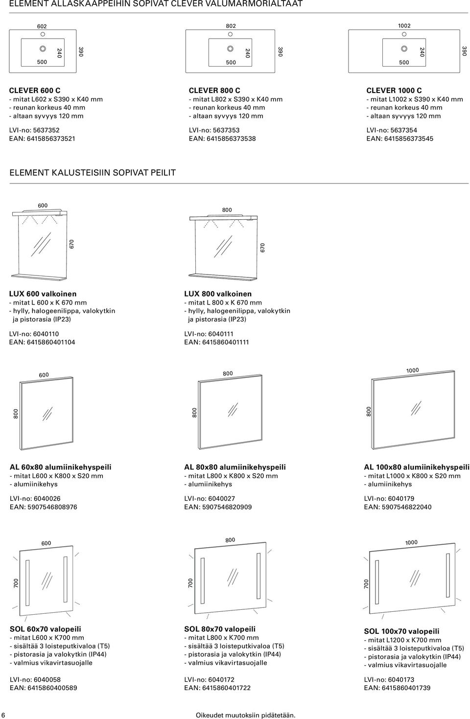 SOPIVAT PEILIT LUX - mitat L x K mm - hylly, halogeenilippa, valokytkin ja pistorasia (IP23) LVI-no: 6040110 EAN: 6415860401104 LUX - mitat L x K mm - hylly, halogeenilippa, valokytkin ja pistorasia