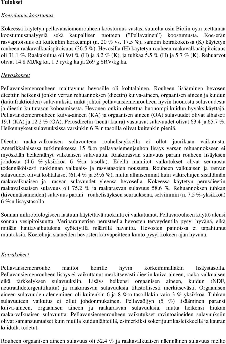 1 %. Raakakuitua oli 9.0 % (H) ja 8.2 % (K), ja tuhkaa 5.5 % (H) ja 5.7 % (K). Rehuarvot olivat 14.8 MJ/kg ka, 1.3 ry/kg ka ja 269 g SRV/kg ka.