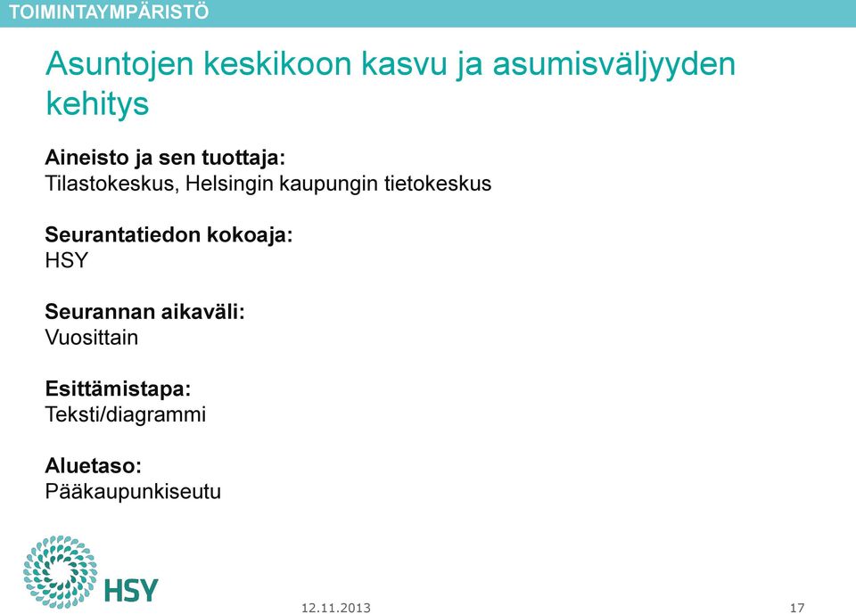 tietokeskus Seurantatiedon kokoaja: HSY Seurannan aikaväli: