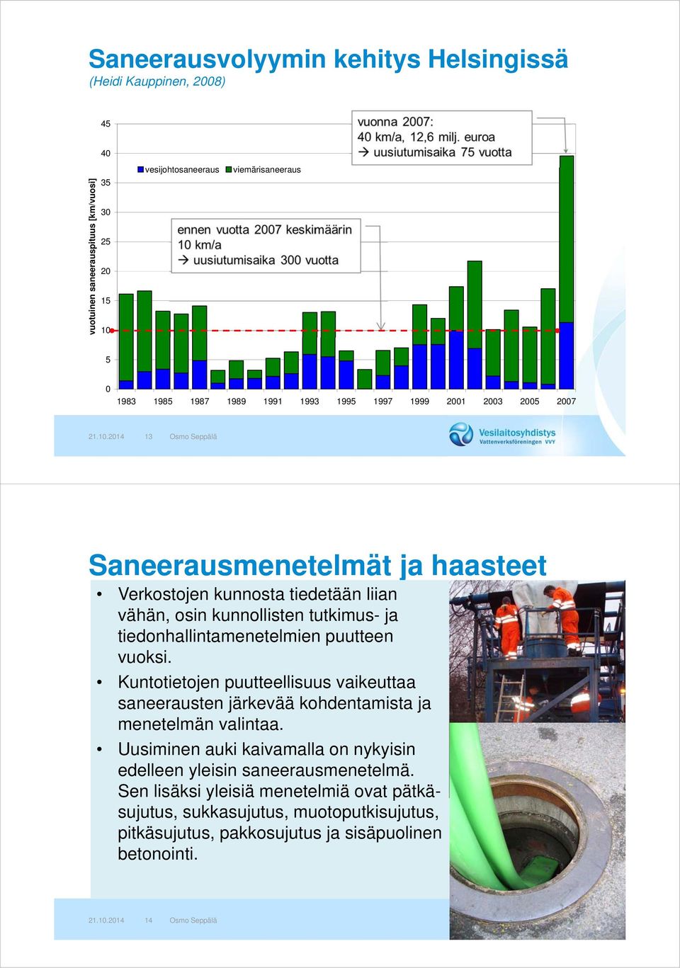2014 13 Osmo Seppälä Saneerausmenetelmät ja haasteet Verkostojen kunnosta tiedetään liian vähän, osin kunnollisten tutkimus- ja tiedonhallintamenetelmien puutteen vuoksi.