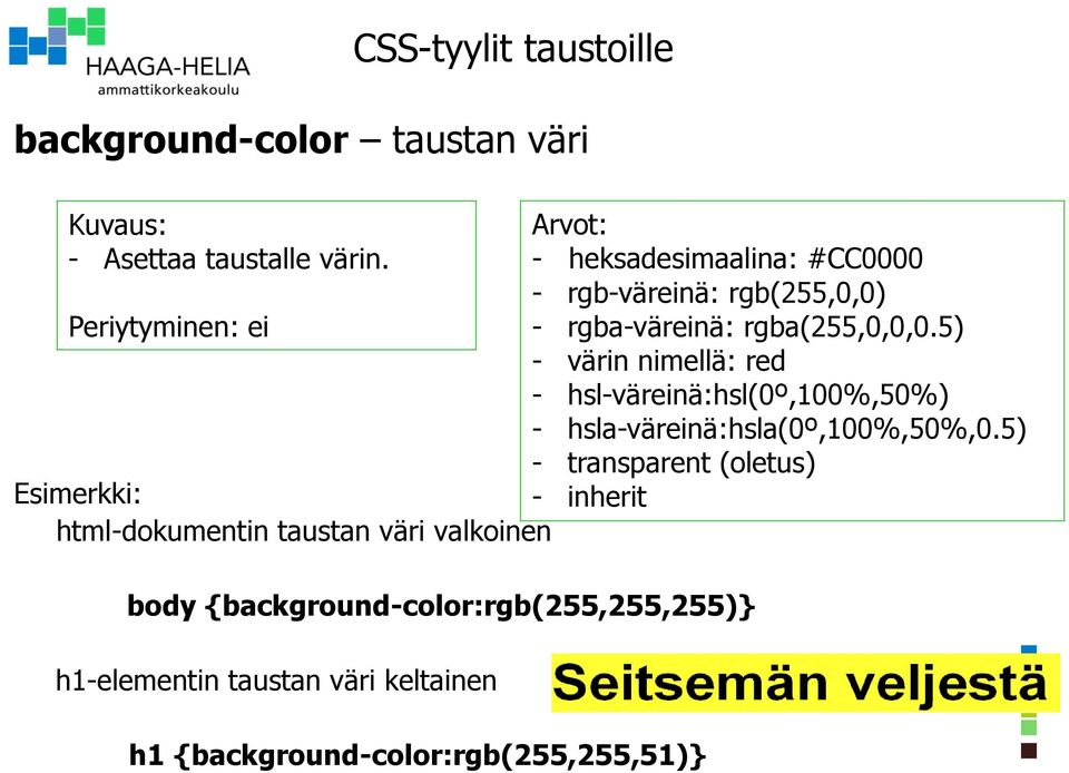 h1-elementin taustan väri keltainen h1 {background-color:rgb(255,255,51)} Arvot: - heksadesimaalina: #CC0000 -