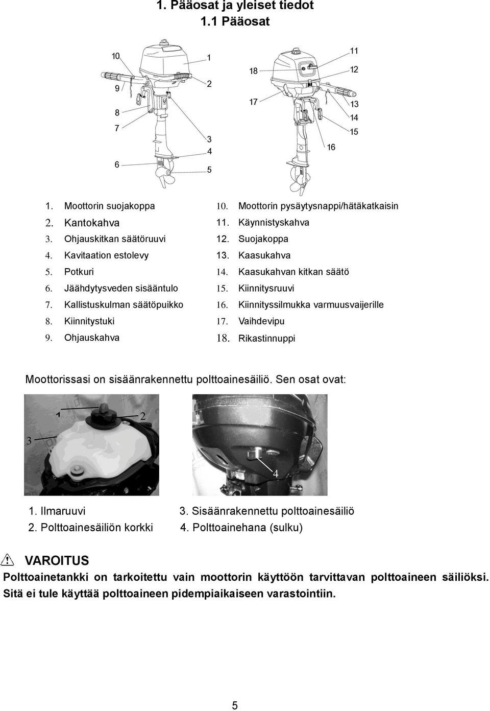 Kaasukahvan kitkan säätö 15. Kiinnitysruuvi 16. Kiinnityssilmukka varmuusvaijerille 17. Vaihdevipu 18. Rikastinnuppi Moottorissasi on sisäänrakennettu polttoainesäiliö. Sen osat ovat: 3 1 2 4 1.