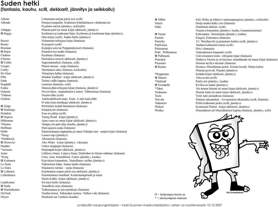 Lehtolainen Luukkonen H Mahy H Martinheimo McNish Meyer Linnunrata-sarjan jokin osa (scifi) Petojen kaupunki; Kultaisen lohikäärmeen valtakunta tai Pygmien metsä (jännitys, seikkailu) Pimeän piiri