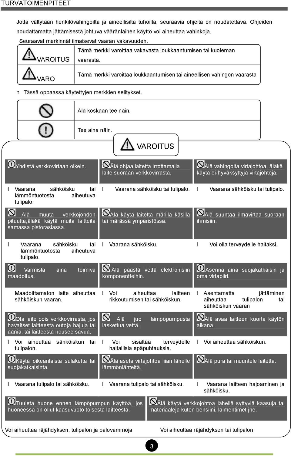 Tämä merkki varoittaa vakavasta loukkaantumisen tai kuoleman VAROITUS vaarasta.