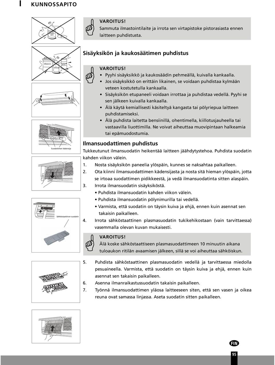 Sisäyksikön etupaneeli voidaan irrottaa ja puhdistaa vedellä. Pyyhi se sen jälkeen kuivalla kankaalla. Älä käytä kemiallisesti käsiteltyä kangasta tai pölyriepua laitteen puhdistamiseksi.