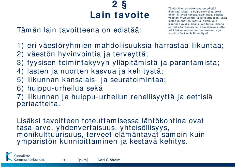 Lisäksi lain tarkoituksena on edistää tasa-arvoa ja suvaitsevaisuutta sekä tukea kulttuurien moninaisuutta ja ympäristön kestävää kehitystä.