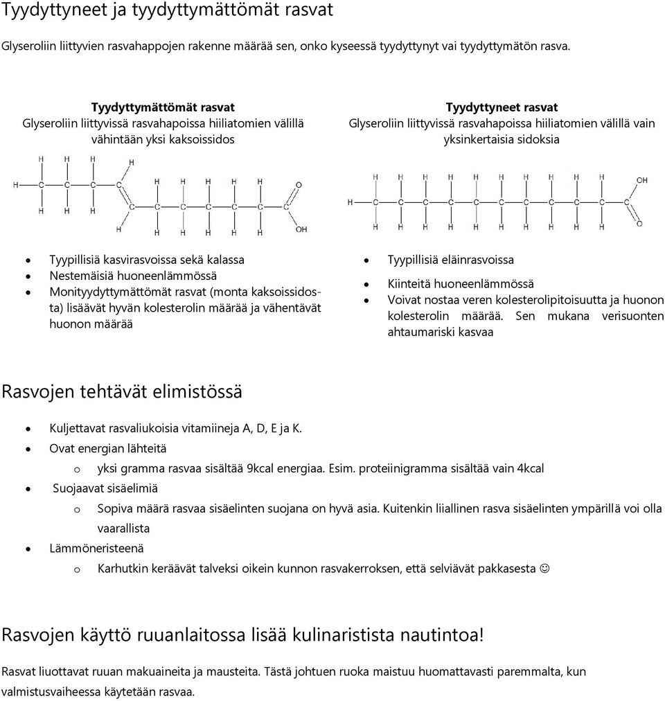 yksinkertaisia sidoksia Tyypillisiä kasvirasvoissa sekä kalassa Tyypillisiä eläinrasvoissa Nestemäisiä huoneenlämmössä Kiinteitä huoneenlämmössä Monityydyttymättömät rasvat (monta kaksoissidosta)