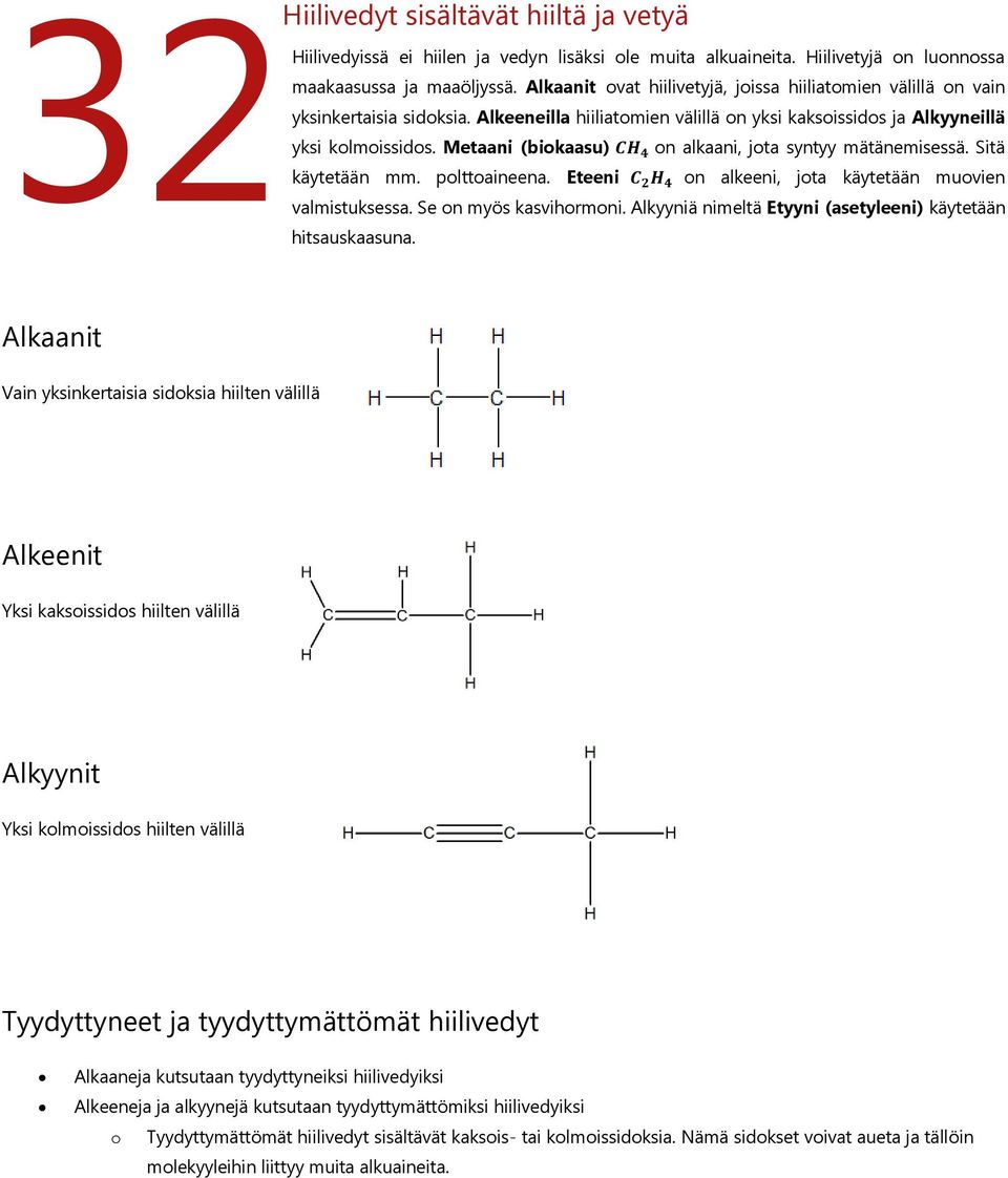 Alkeeneilla hiiliatomien välillä on yksi kaksoissidos ja Alkyyneillä on alkaani, jota syntyy mätänemisessä. Sitä on alkeeni, jota käytetään muovien valmistuksessa. Se on myös kasvihormoni.