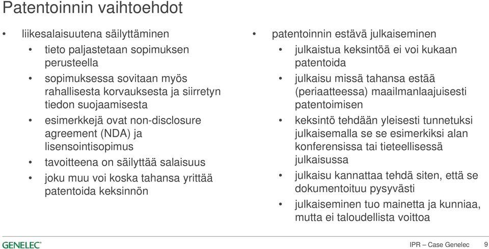 julkaiseminen julkaistua keksintöä ei voi kukaan patentoida julkaisu missä tahansa estää (periaatteessa) maailmanlaajuisesti patentoimisen keksintö tehdään yleisesti tunnetuksi julkaisemalla