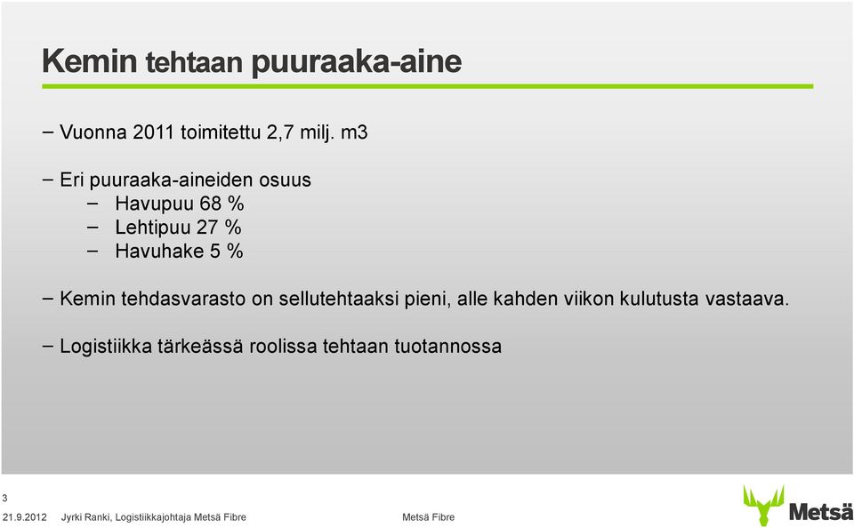 Kemin tehdasvarasto on sellutehtaaksi pieni, alle kahden viikon kulutusta