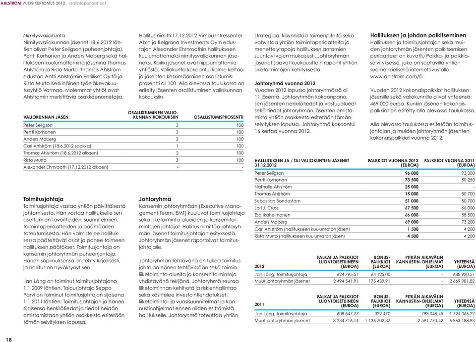 Thomas Ahlström edustaa Antti Ahlströmin Perilliset Oy:tä ja Risto Murto Keskinäinen työeläkevakuutusyhtiö Varmaa. Molemmat yhtiöt ovat Ahlstromin merkittäviä osakkeenomistajia.