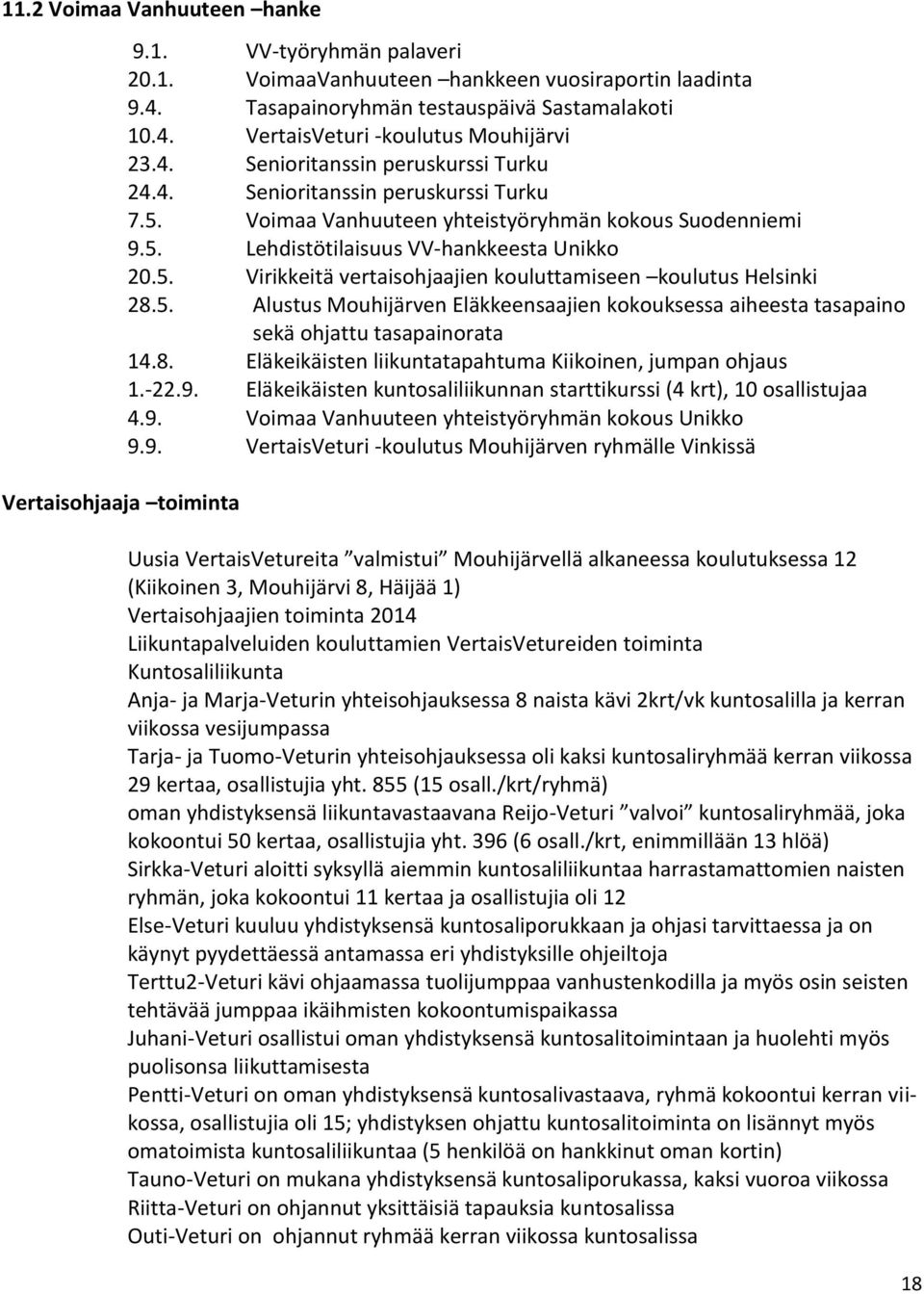 5. Alustus Mouhijärven Eläkkeensaajien kokouksessa aiheesta tasapaino sekä ohjattu tasapainorata 14.8. Eläkeikäisten liikuntatapahtuma Kiikoinen, jumpan ohjaus 1.-22.9.