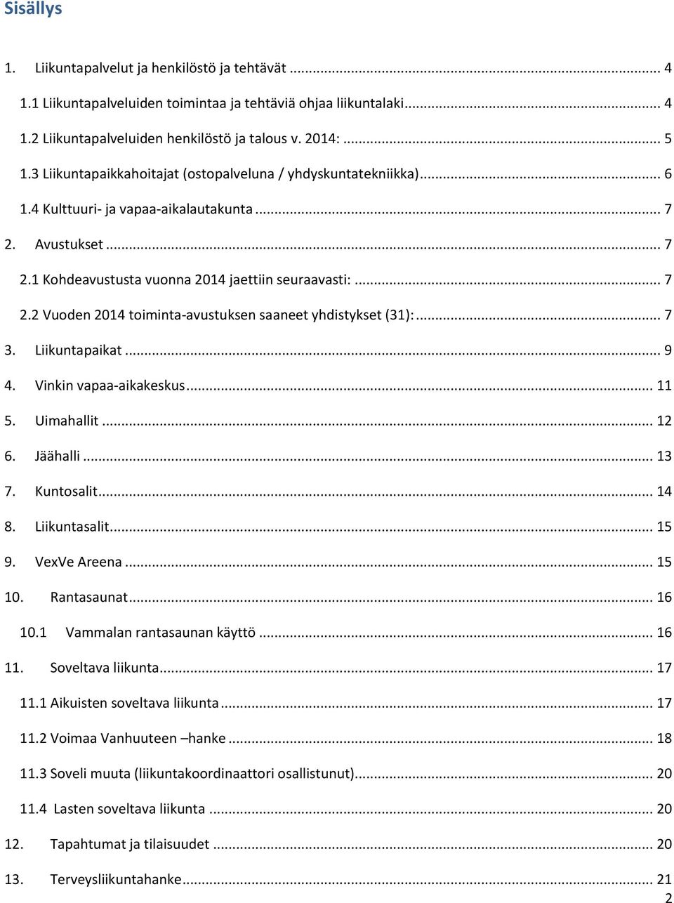 .. 7 3. Liikuntapaikat... 9 4. Vinkin vapaa-aikakeskus... 11 5. Uimahallit... 12 6. Jäähalli... 13 7. Kuntosalit... 14 8. Liikuntasalit... 15 9. VexVe Areena... 15 10. Rantasaunat... 16 10.