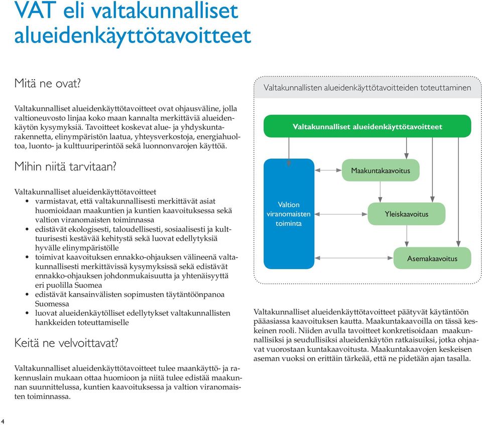 Tavoitteet koskevat alue- ja yhdyskuntarakennetta, elinympäristön laatua, yhteysverkostoja, energiahuoltoa, luonto- ja kulttuuriperintöä sekä luonnonvarojen käyttöä. Mihin niitä tarvitaan?