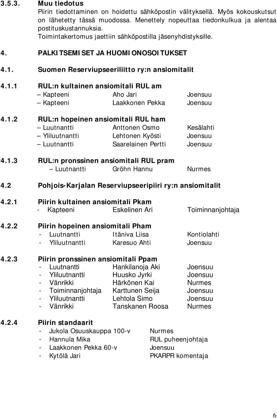 1.2 RUL:n hopeinen ansiomitali RUL ham Luutnantti Anttonen Osmo Kesälahti Yliluutnantti Lehtonen Kyösti Joensuu Luutnantti Saarelainen Pertti Joensuu 4.1.3 RUL:n pronssinen ansiomitali RUL pram Luutnantti Gröhn Hannu Nurmes 4.