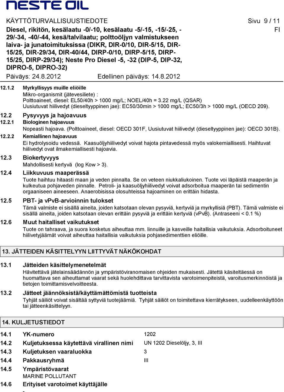 22 mg/l (QSAR) Uusiutuvat hiilivedyt (dieseltyyppinen jae): EC50/30min > 1000 mg/l; EC50/3h > 1000 mg/l (OECD 209). 12.2 Pysyvyys ja hajoavuus 12.2.1 Biologinen hajoavuus Nopeasti hajoava.