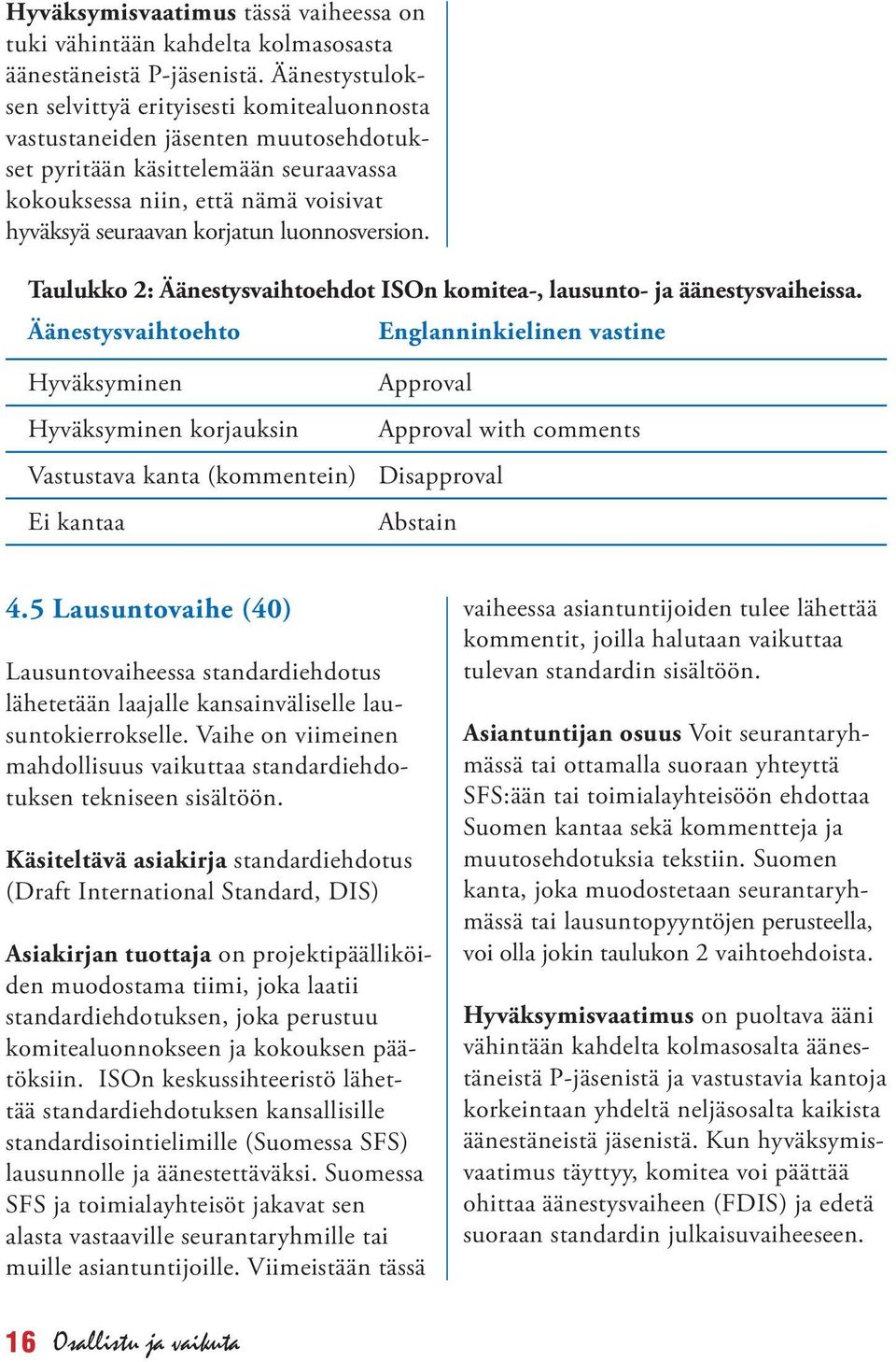 luonnosversion. Taulukko 2: Äänestysvaihtoehdot ISOn komitea-, lausunto- ja äänestysvaiheissa.