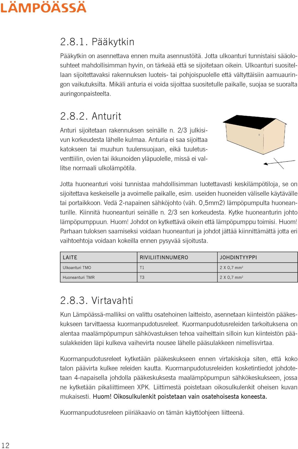 Mikäli anturia ei voida sijoittaa suositetulle paikalle, suojaa se suoralta auringonpaisteelta. 2.8.2. Anturit Anturi sijoitetaan rakennuksen seinälle n. 2/3 julkisivun korkeudesta lähelle kulmaa.