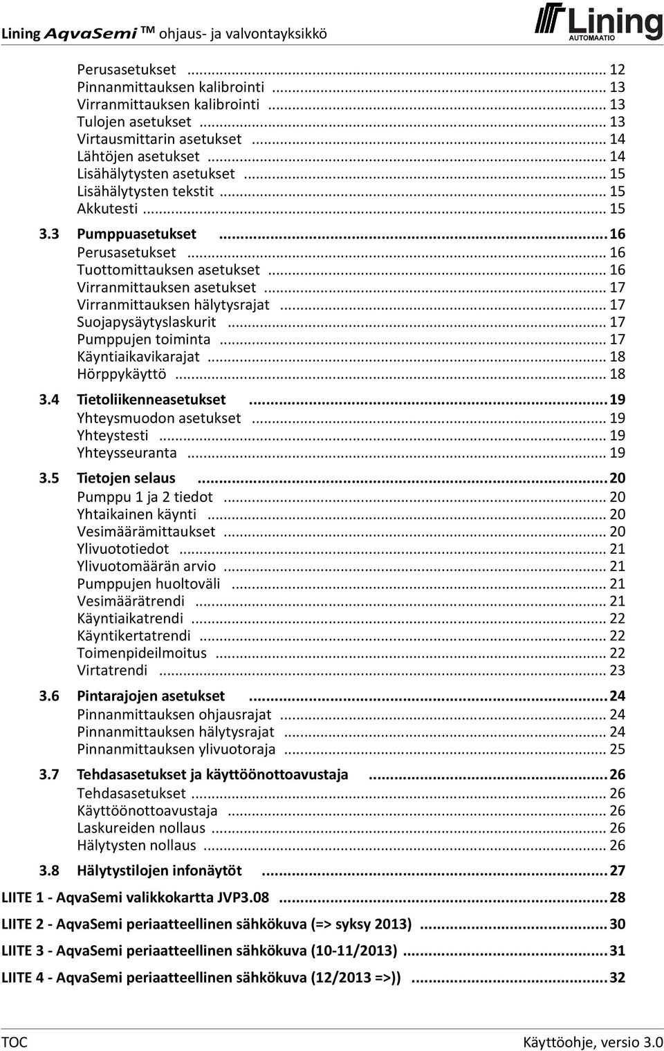 .. 17 Suojapysäytyslaskurit... 17 Pumppujen toiminta... 17 Käyntiaikavikarajat... 18 Hörppykäyttö... 18 3.4 Tietoliikenneasetukset...19 Yhteysmuodon asetukset... 19 Yhteystesti... 19 Yhteysseuranta.