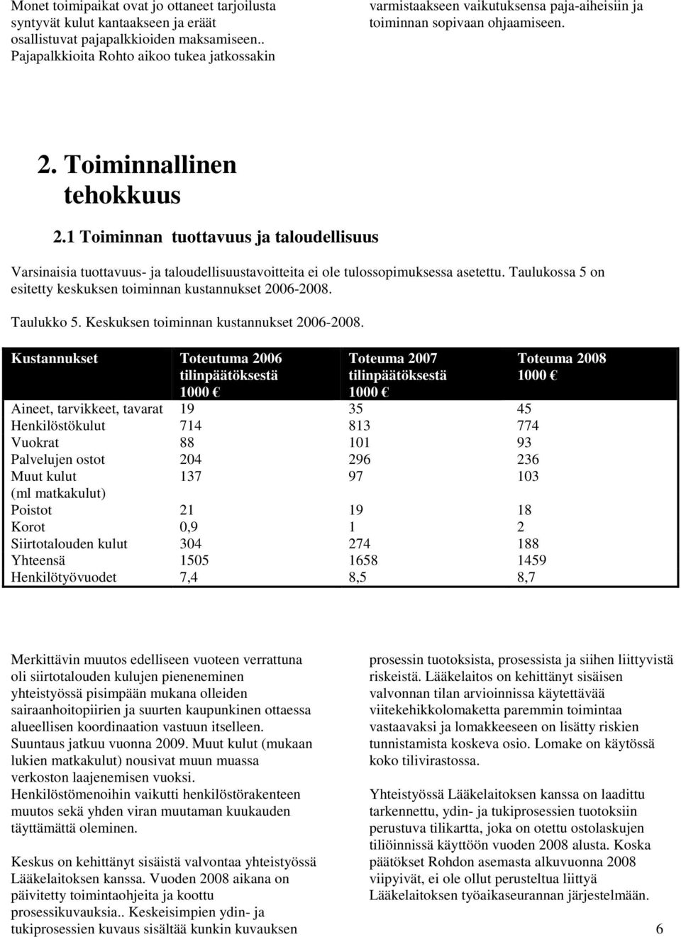1 Toiminnan tuottavuus ja taloudellisuus Varsinaisia tuottavuus- ja taloudellisuustavoitteita ei ole asetettu. Taulukossa 5 on esitetty keskuksen toiminnan kustannukset 2006-2008. Taulukko 5.