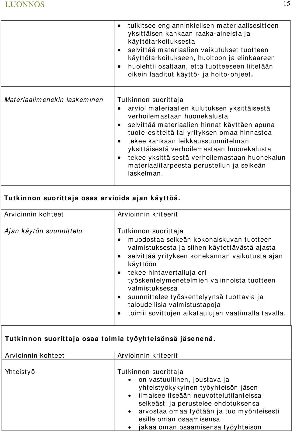 Materiaalimenekin laskeminen arvioi materiaalien kulutuksen yksittäisestä verhoilemastaan huonekalusta selvittää materiaalien hinnat käyttäen apuna tuote-esitteitä tai yrityksen omaa hinnastoa tekee