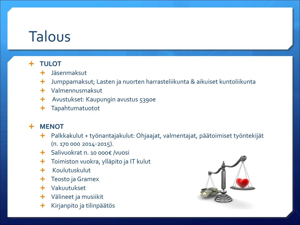 Ohjaajat, valmentajat, päätoimiset työntekijät (n. 170 000 2014-2015). Salivuokrat n.