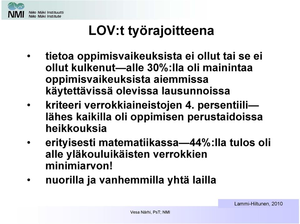 4. persentiili lähes kaikilla oli oppimisen perustaidoissa heikkouksia erityisesti matematiikassa 44%:lla