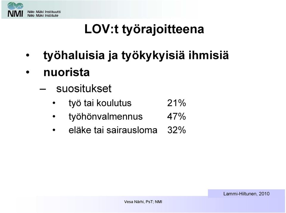 työ tai koulutus 21% työhönvalmennus 47%