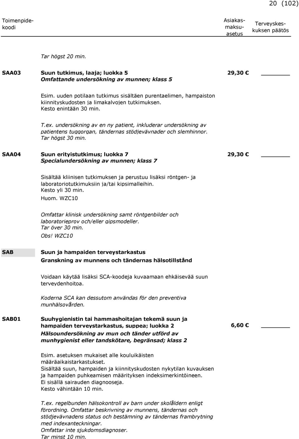 undersökning av en ny patient, inkluderar undersökning av patientens tuggorgan, tändernas stödjevävnader och slemhinnor. Tar högst 30 min.