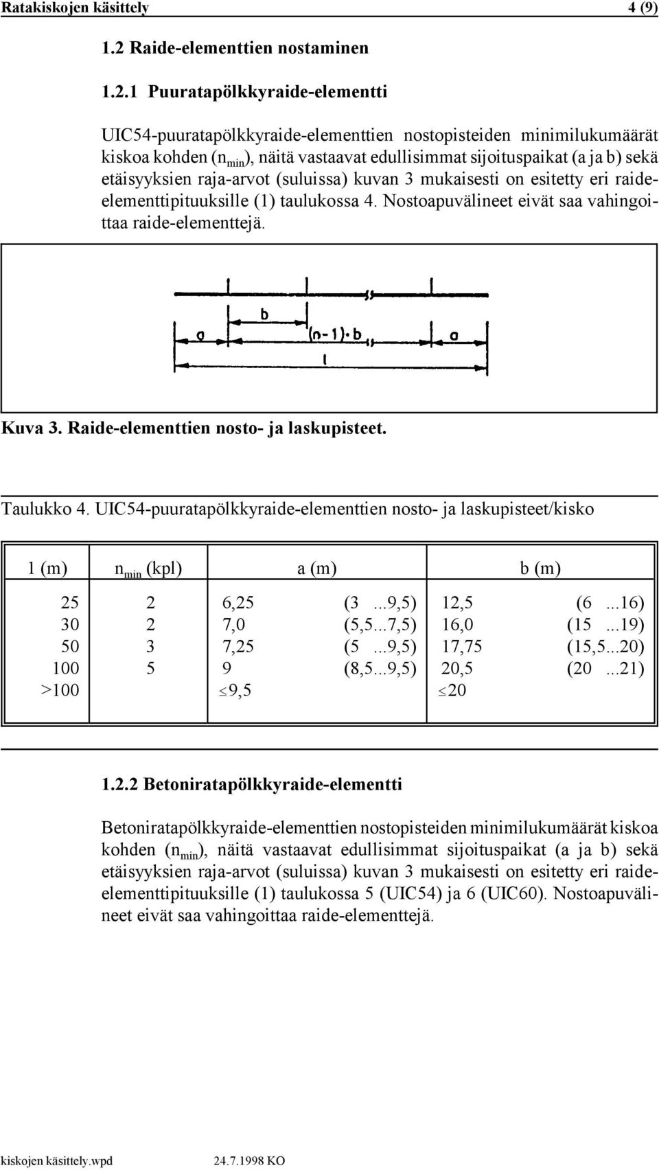 raja-arvot (suluissa) kuvan mukaisesti on esitetty eri raideelementtipituuksille (1) taulukossa 4. Nostoapuvälineet eivät saa vahingoittaa raide-elementtejä. Kuva.