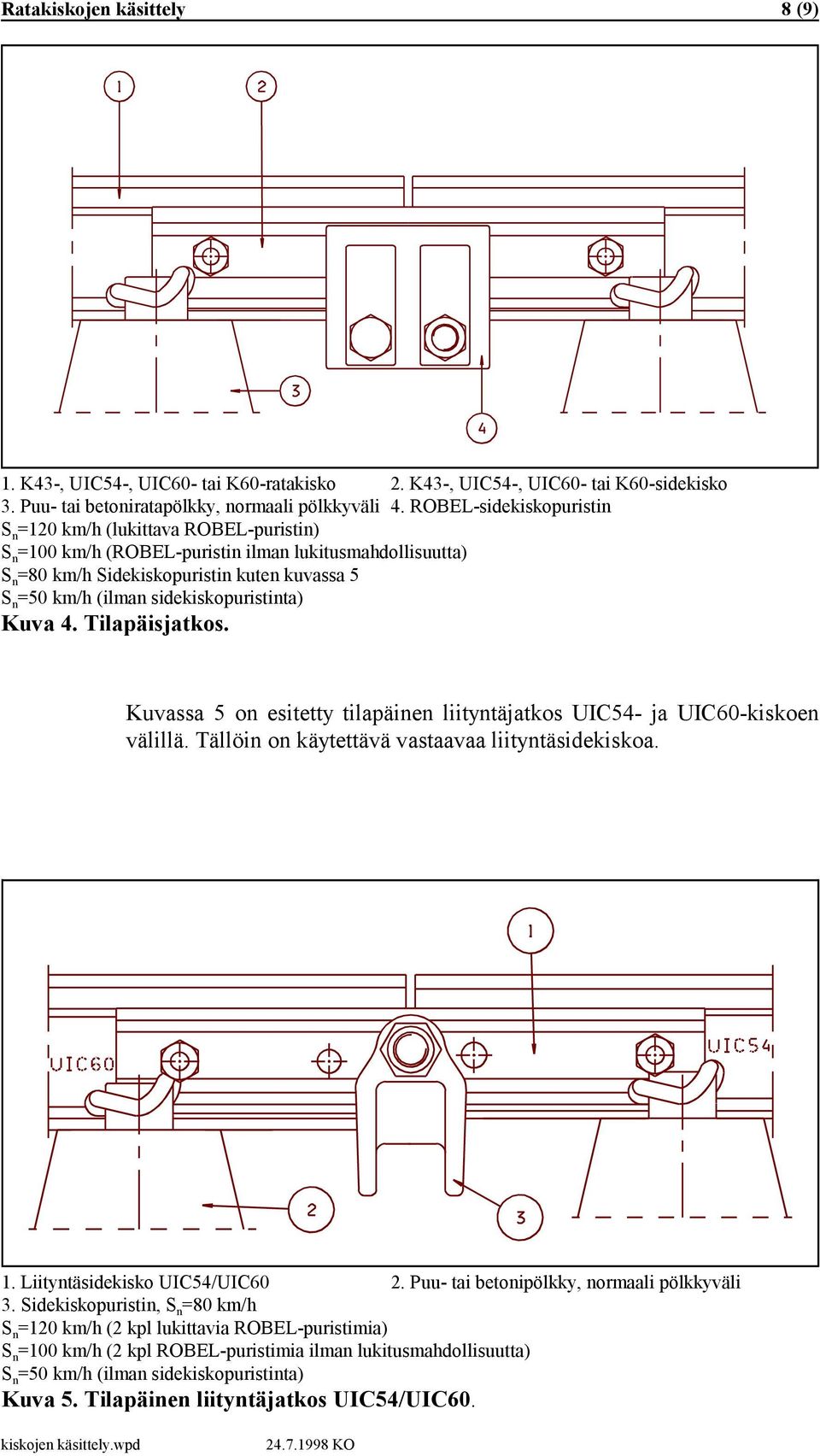 sidekiskopuristinta) Kuva 4. Tilapäisjatkos. Kuvassa 5 on esitetty tilapäinen liityntäjatkos UIC54- ja UIC60-kiskoen välillä. Tällöin on käytettävä vastaavaa liityntäsidekiskoa. 1.