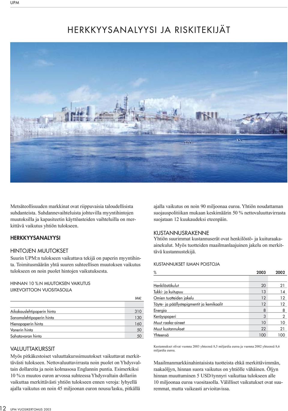 HERKKYYSANALYYSI HINTOJEN MUUTOKSET Suurin UPM:n tulokseen vaikuttava tekijä on paperin myyntihinta.